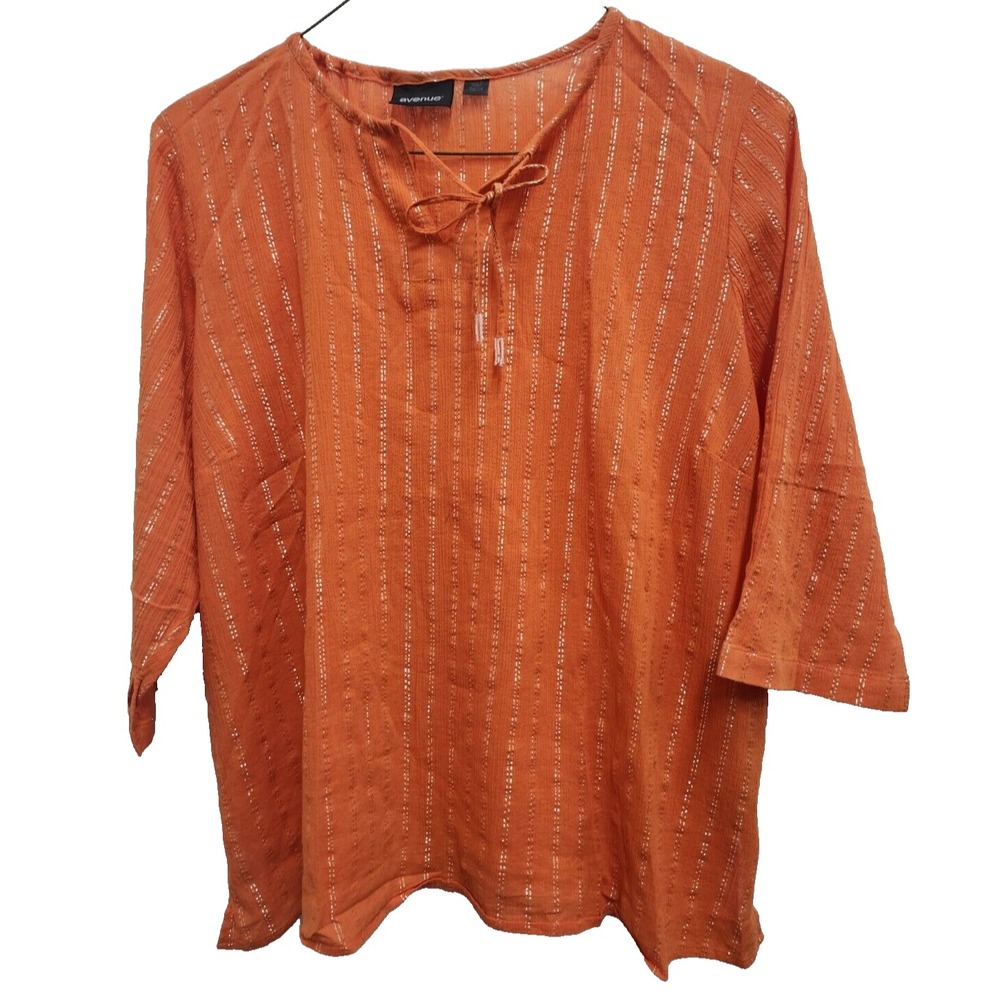 Avenue Womens Peasant BOHO Top Size 26/28 Orange Metallic Striped 3/4 Sleeve